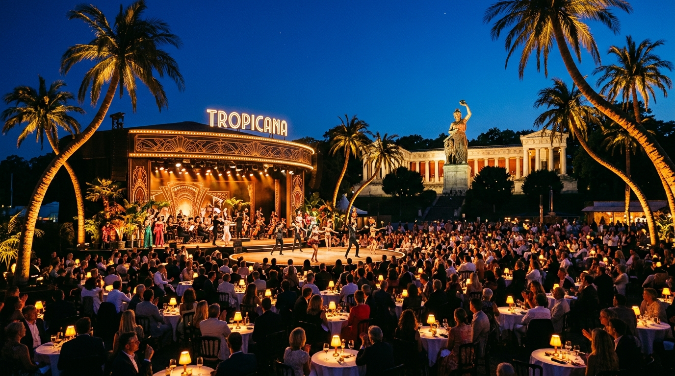 Tropicana open-air cabaret at blue hour, Bavaria statue behind